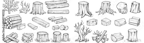 The collection comprises hand-drawn monochrome illustrations of wood raw materials, executed in an art ink style and displayed in black and white