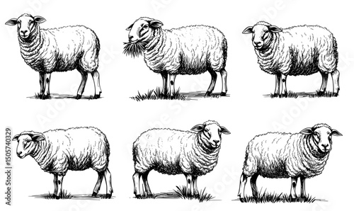 A set of farm animals, sheep are represented by hand drawn illustrations in a modern style