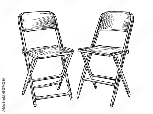 A modern illustration in sketch style depicts two folding chairs isolated on a white background