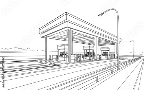 The illustration is a modern graphic sketch of a gas station in black and white