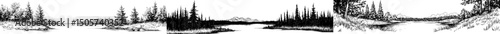 A graphic illustration of a river in a modern style with a long black and white landscape sketch