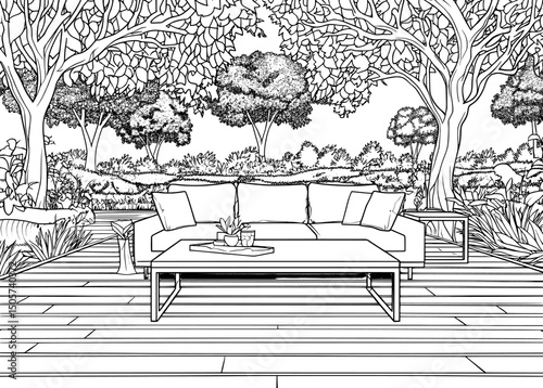 A backyard garden is depicted in a modern black and white graphic landscape sketch illustration
