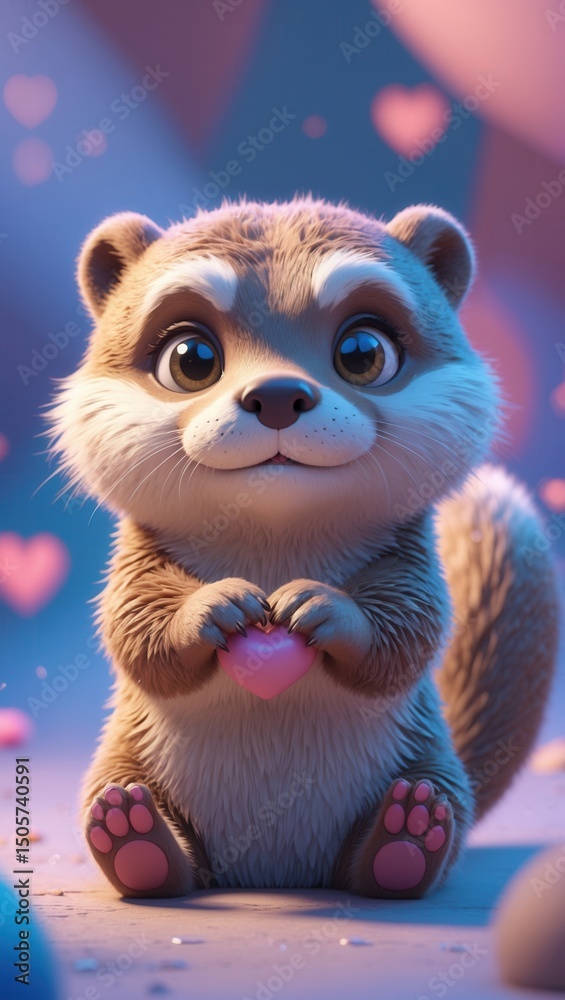 Obraz premium Cute cartoon otter holding a pink heart with a dreamy background and floating heart shapes