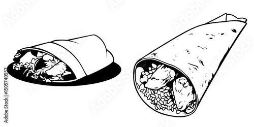 Burrito Icon is a bold illustration in black and white, showcasing a delicious burrito, ideal for menus, food blogs, and culinary designs