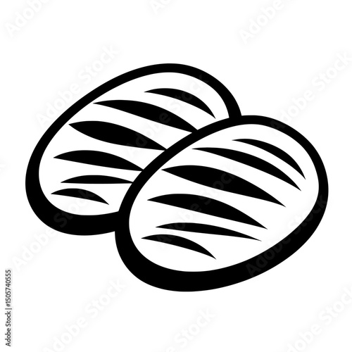 The Simple Loaf of Bread Icon is a black and white representation of a loaf, complete with its distinctive shape and lines indicating cut marks, suitable for use on cooking websites and in recipes
