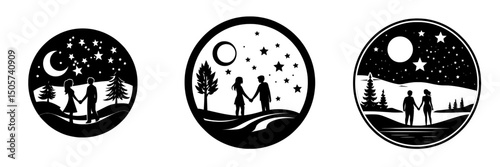 Modern illustration featuring a romantic couple's silhouette under a night sky with moon, stars, and trees in black and white minimalist art design