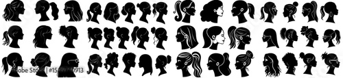 A collection of woman cameo silhouettes featuring facial and bodily portraits of a beautiful girl with various hairstyles on a white background