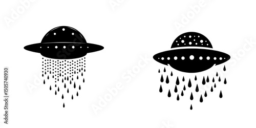A classic illustration of a UFO is depicted in a simple yet striking black silhouette against a white background, emitting beams of light from its underside, exemplifying the concept of an