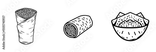 The Burrito Icon features a stylized black and white illustration of a burrito, ideal for inclusion on menus, food blogs, or as part of restaurant branding, boasting a simple yet eye-catching and