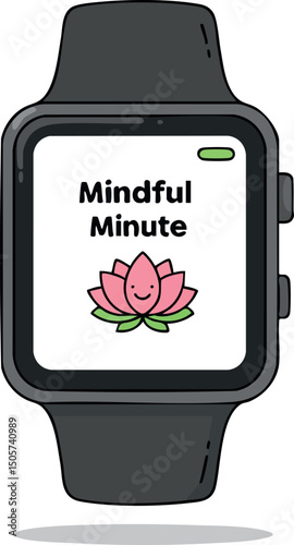 Smartwatch with Mindful Minute Meditation App and Pink Lotus Flower Illustration vector 