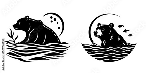 A crescent moon serves as the backdrop for a minimalist silhouette of a bear in black and white, which is complemented by a circle and several dots