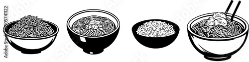 A simple yet iconic black and white illustration of a bowl brimming with noodles represents the delicious and comforting essence of a classic dish, known as Bowl of Noodles