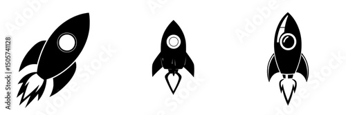 A simple yet powerful black silhouette of a rocket ship blasting off embodies the essence of ambition, innovation, and unstoppable momentum, which is titled Takeoff