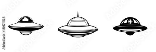 A simple yet striking black and white icon of a classic flying saucer is represented by the UFO Icon, evoking mystery and the wonders of the unknown, perfect for science fiction themes, space