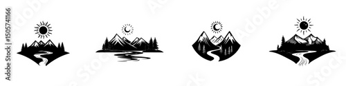 A serene mountain lake scene is depicted in minimalist black and white illustration, featuring a full moon, majestic mountains, and evergreen trees reflected in the still water