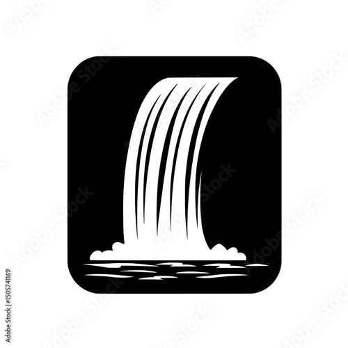 A minimalist black and white icon of a waterfall cascading into a pool of water is ideal for web design, app icons, or projects needing a clean visual