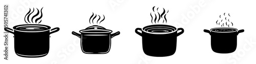 The Simmering Pot Icon is a straightforward yet expressive image of a pot on the stove, complete with ascending steam and a spoon sitting on its edge, ideal for food-related websites and recipe