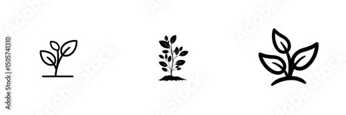 The Simple Plant Growth Icon is a modern, minimalist representation of a plant with five leaves, using black and white to convey themes of growth and progress