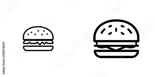 The Classic Burger Icon is a simple yet bold black icon that depicts a classic burger featuring a sesame seed bun, two patties, and a single slice of cheese, making it ideal for menus, app icons, or