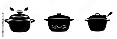 The Cooking Pot Icon features a minimalist and contemporary design of a pot accompanied by a spoon, making it suitable for various online platforms focused on recipes, food blogs, and culinary