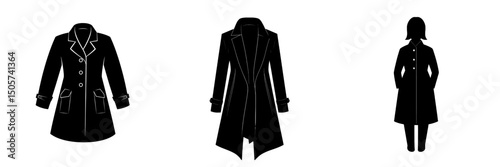 A stylish and timeless double-breasted coat is represented as a simple yet elegant black icon, ideal for fashion blogs, websites, and apparel design