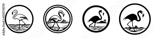A black and white circle icon depicts a flamingo standing in water with a palm tree