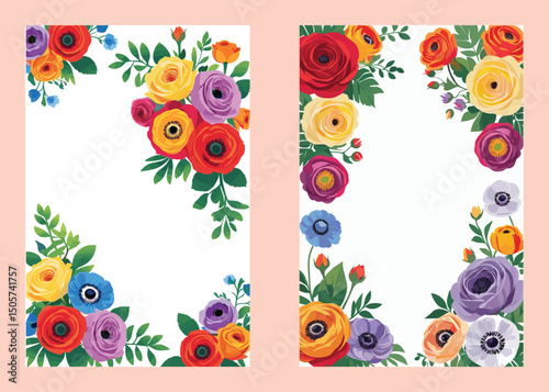 Floral Illustration With Colorful Blossoms Decorative Frame Template Design