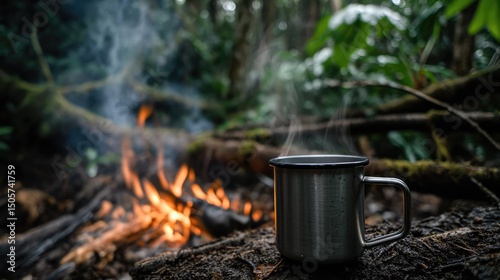 A steaming metal mug sits on a forest floor near a glowing campfire, surrounded by lush greenery, capturing the essence of warmth, solitude, and wilderness adventure.