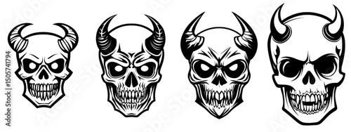 The SVG features modern dark fantasy creatures, including demons and monsters, as exemplified by a detailed black and white illustration of a demon skull with horns