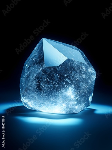 A stunning blue crystal sits illuminated in a dark environment, reflecting light in various ways. The crystal's shape and clarity create a mesmerizing visual effect that captivates attention.
