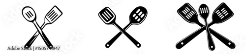 Crossed Cooking Utensils Spoons, Spatulas, Kitchenware, Icons, Black, White, Simple, Minimalist, Des’ becomes ‘Minimalist Black and White Icons of Kitchenware including Spoons, Spatulas, and Crossed