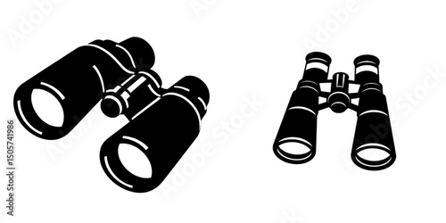 A minimalist silhouette of binoculars in black is set against a white background, characterized by its simplicity and flatness
