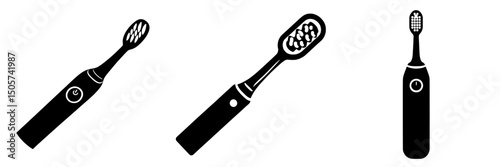 A minimalist silhouette of an electric toothbrush in black is set against a white background, characterized by its simplicity and flat design