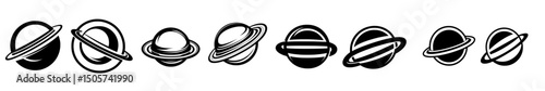 The Saturn planet is represented by simple icons, line art, and basic colors like black and white, often associated with space, celestial bodies, rings, and graphic design elements