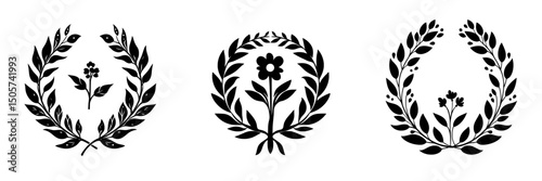 The emblem is a stylized representation of a black flower at its center, enclosed by a leafy arch and fields, all on a white backdrop