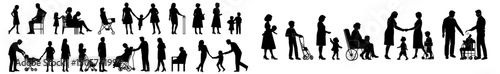 Modern glyph pictograms illustrate family and relationships, including couples, parents, children, elderly individuals, pregnancy, parenting, community, single mothers, and social care in black