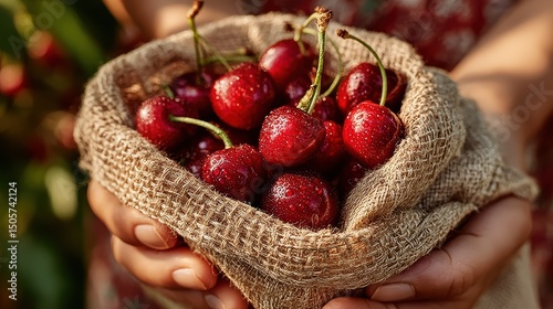 Womanâ???s hands holding fresh cherries in reusable linen bag at local farmerâ???s market, sunlight and shallow depth