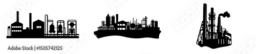 A black silhouette illustration showcases an industrial factory complex with prominent smoke stacks, highlighting the themes of industry and factory