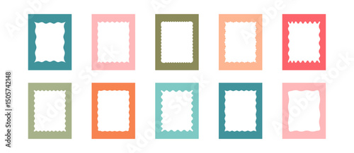 Squiggle frame shape, wavy border, scallop rectangle, zigzag picture edge, wiggle line box, curve vintage sticker. Groovy colorful postage stamp, cute corrugated label. Trendy vector illustration