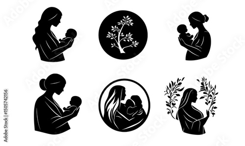 Modern mother and child silhouette icons are set against a plain white background in this set