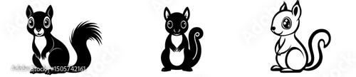 Modern illustration of a cute squirrel in black and white, depicted as a silhouette, showcasing the animal, a mammal and rodent, in a wildlife and nature setting, isolated on a background