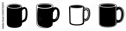 Very simple flat and single minimalist mug base silhouettes appear in black on a white background
