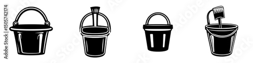 Very simple flat and single minimalist paint bucket silhouettes appear in black on a white background