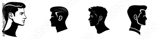A minimalist modern icon shows a person's side profile in black and white against a plain background