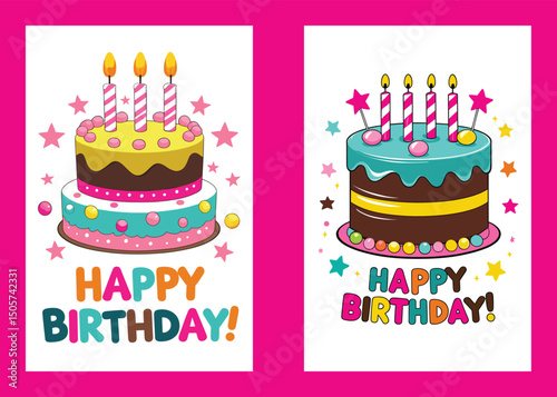 Happy Birthday Cakes Card Cartoon Illustration Design Template