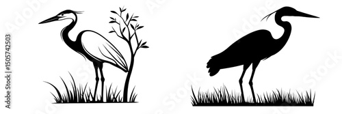 Modern illustration of a heron standing in a marsh in black and white, featuring wildlife and nature