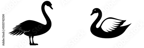 Modern illustration of an elegant swan in black and white, a simple yet graceful bird icon, featuring a swan silhouette with a natural and animal theme, including a watermark