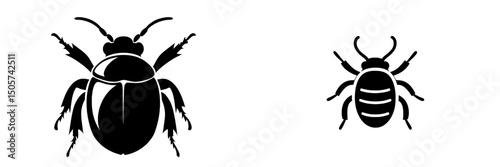 A modern black and white graphic illustration of a detailed beetle is available for various design projects, including those related to insects, nature, and animals, and can be used as clip art