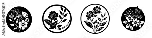 Elegant botanical design icon featuring a graphic floral arrangement in a circle with black and white silhouette illustration