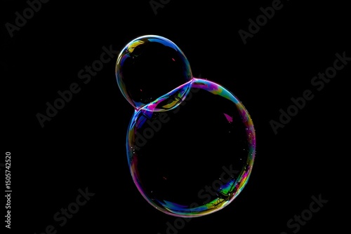 Iridescent soap bubbles hover in mid-air, displaying a range of colors as light refracts through their surfaces. The unique shapes and textures create an enchanting view.